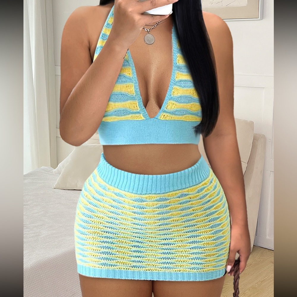 Color Block Sleeveless Pullover Blue Skirt set